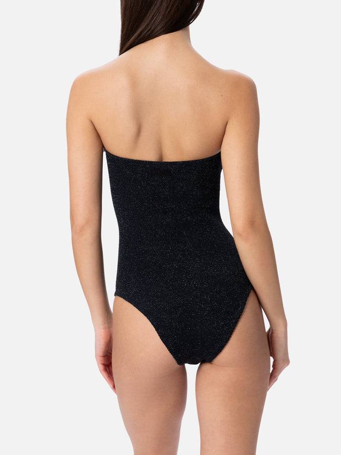 Mc2 Saint Barth Costume intero da donna senza spalline in lurex nero Soleil Saldi Di Fabbrica