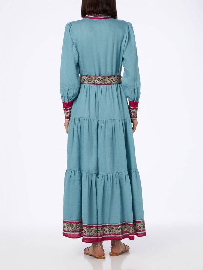 Mc2 Saint Barth Woman light blue linen dress Jensen with paisley placed print Spedizione Gratuita