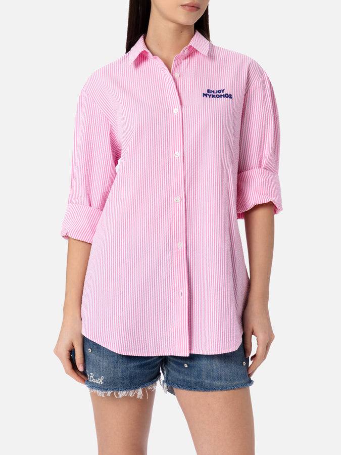 Mc2 Saint Barth Woman striped seeruscker cotton over shirt Brigitte with front and back Mykonos embroidery Negozio