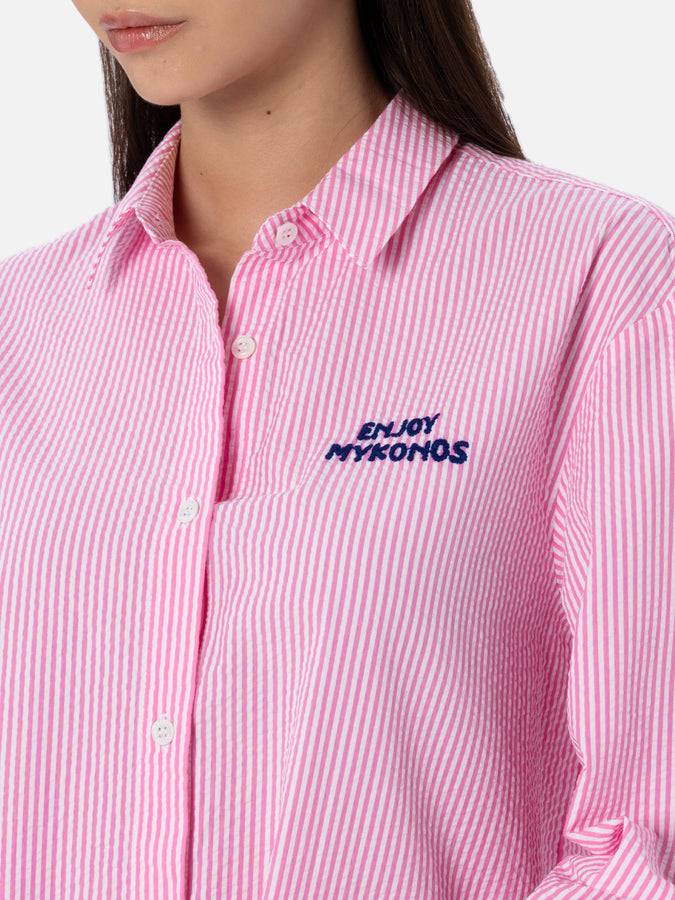 Mc2 Saint Barth Woman striped seeruscker cotton over shirt Brigitte with front and back Mykonos embroidery Negozio
