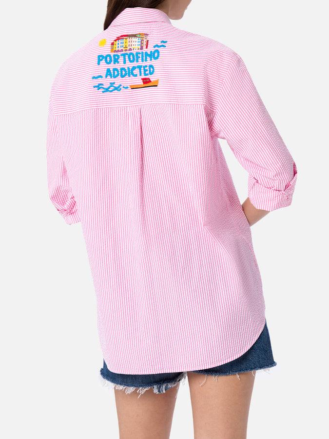 Mc2 Saint Barth Woman striped seeruscker cotton over shirt Brigitte with front and back Portofino embroidery In Saldo