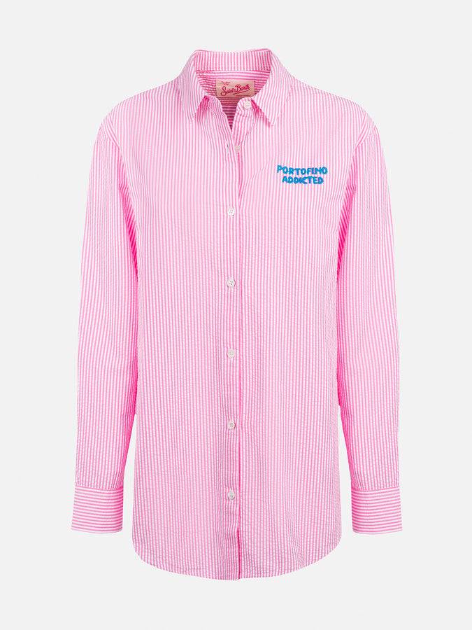 Mc2 Saint Barth Woman striped seeruscker cotton over shirt Brigitte with front and back Portofino embroidery In Saldo