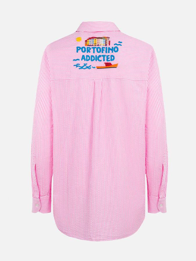 Mc2 Saint Barth Woman striped seeruscker cotton over shirt Brigitte with front and back Portofino embroidery In Saldo