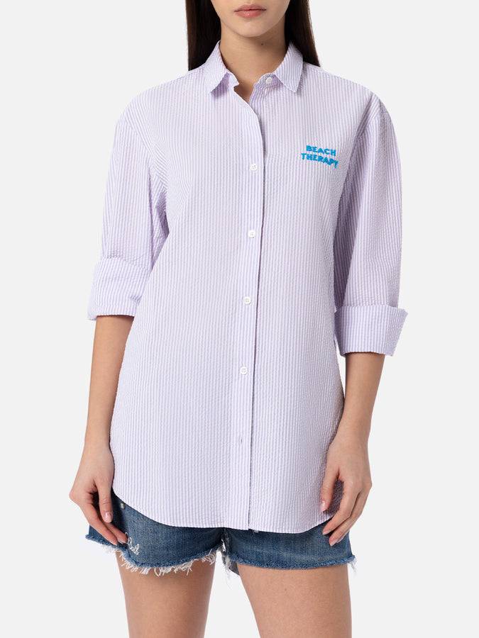 Mc2 Saint Barth Woman striped print cotton over shirt Brigitte with front and back Beach Therapy embroidery Nuova