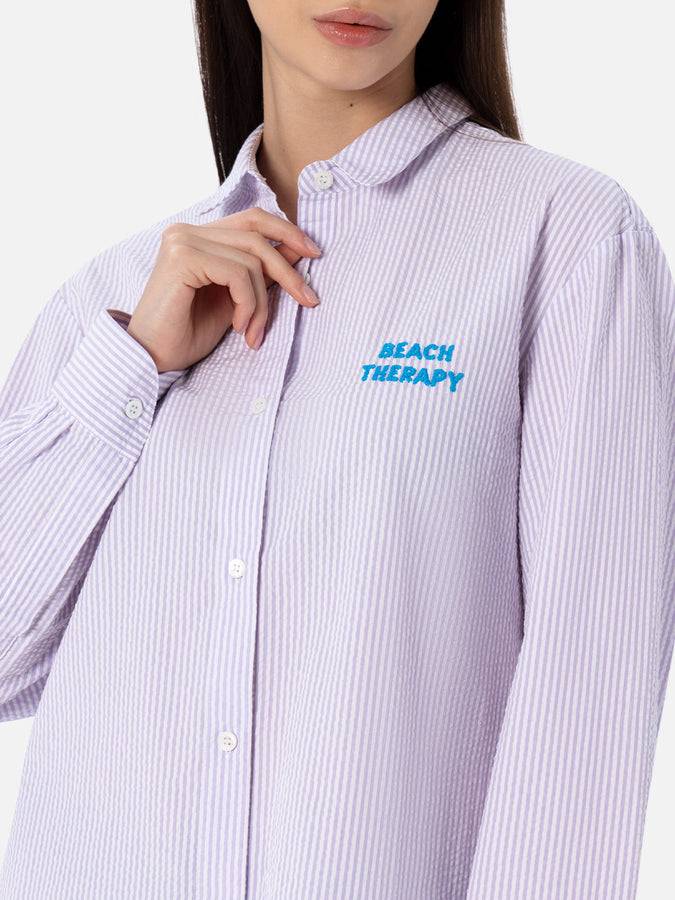 Mc2 Saint Barth Woman striped print cotton over shirt Brigitte with front and back Beach Therapy embroidery Nuova