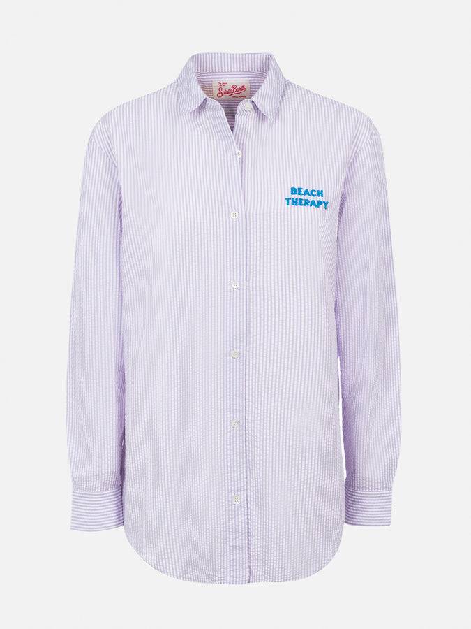 Mc2 Saint Barth Woman striped print cotton over shirt Brigitte with front and back Beach Therapy embroidery Nuova