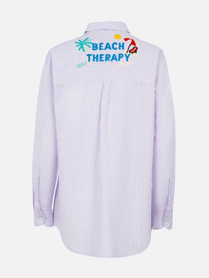 Mc2 Saint Barth Woman striped print cotton over shirt Brigitte with front and back Beach Therapy embroidery Nuova