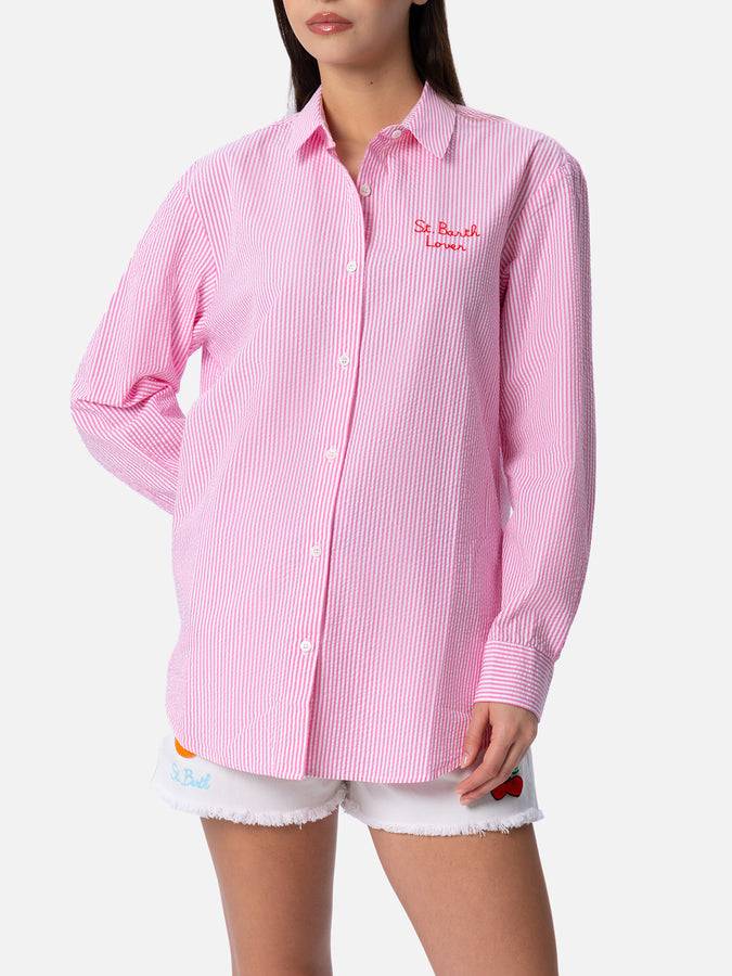 Mc2 Saint Barth Camicia over da donna in cotone stampa righe Brigitte | EDIZIONE SPECIALE SNOOPY PEANUTS Nuovo