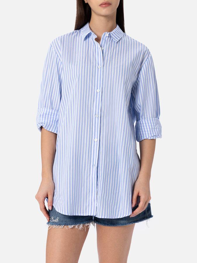 Mc2 Saint Barth Woman cotton shirt Brigitte with light blue striped print Soddisfazione Garantita