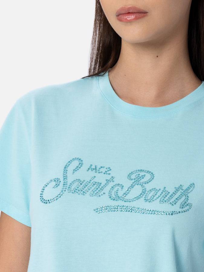 Mc2 Saint Barth Woman water green cotton jersey crewneck t-shirt Emilie with rhinestones Promozione Limitata