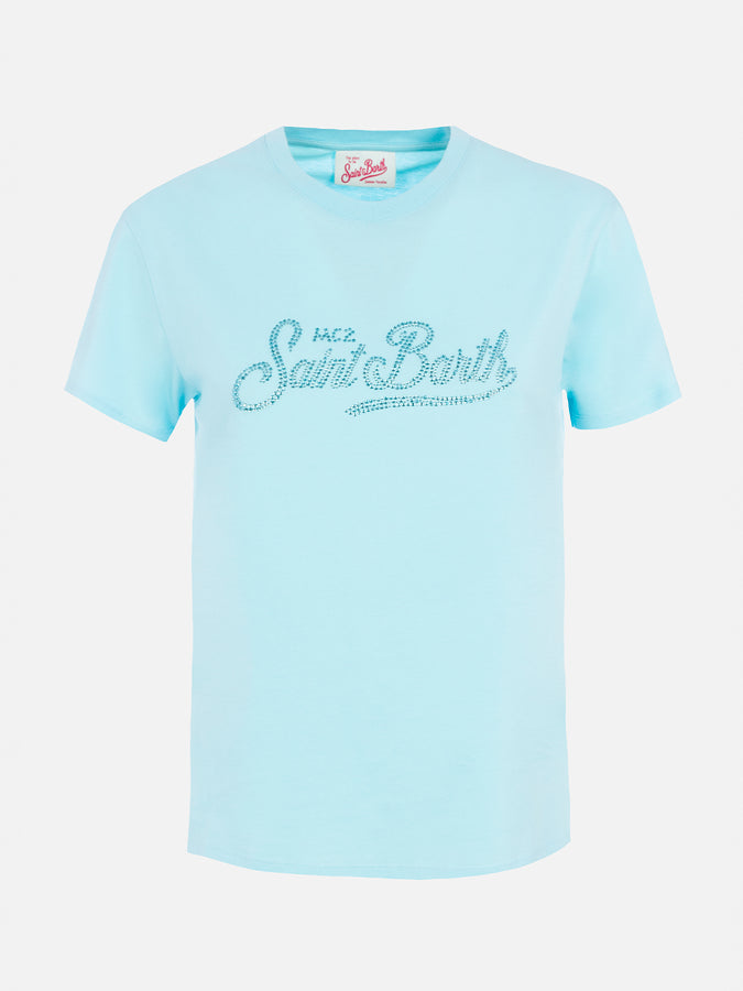 Mc2 Saint Barth Woman water green cotton jersey crewneck t-shirt Emilie with rhinestones Promozione Limitata