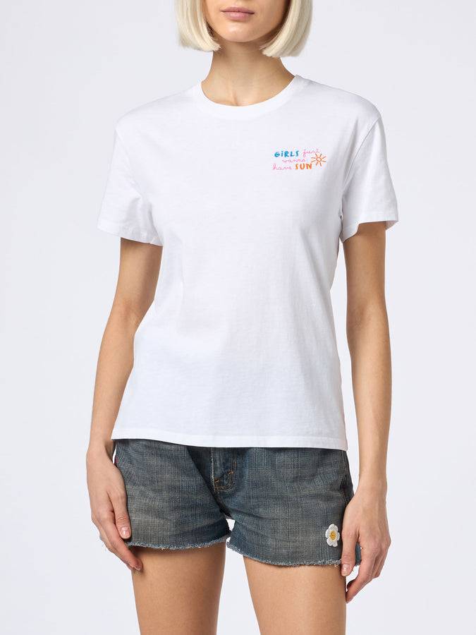 Mc2 Saint Barth T-shirt da donna girocollo in jersey di cotone Emilie con ricamo Girls just wanna have Sun Sottocosto
