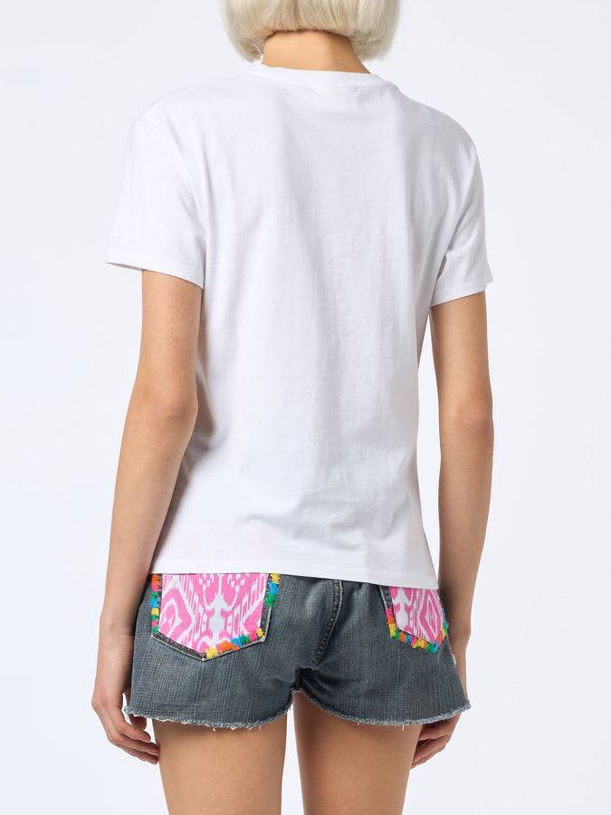 Mc2 Saint Barth T-shirt da donna girocollo in jersey di cotone Emilie con ricamo Girls just wanna have Sun Sottocosto
