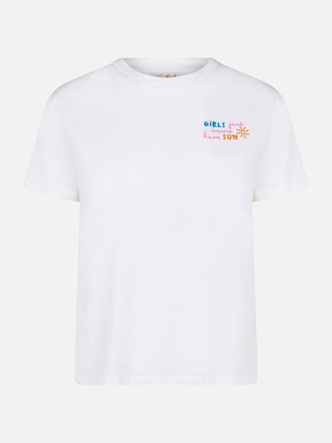 Mc2 Saint Barth T-shirt da donna girocollo in jersey di cotone Emilie con ricamo Girls just wanna have Sun Sottocosto