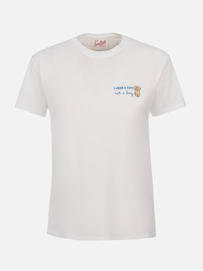 Mc2 Saint Barth T-shirt da donna girocollo Emilie in jersey di cotone con ricamo I need a Toy not a Boy Offerta