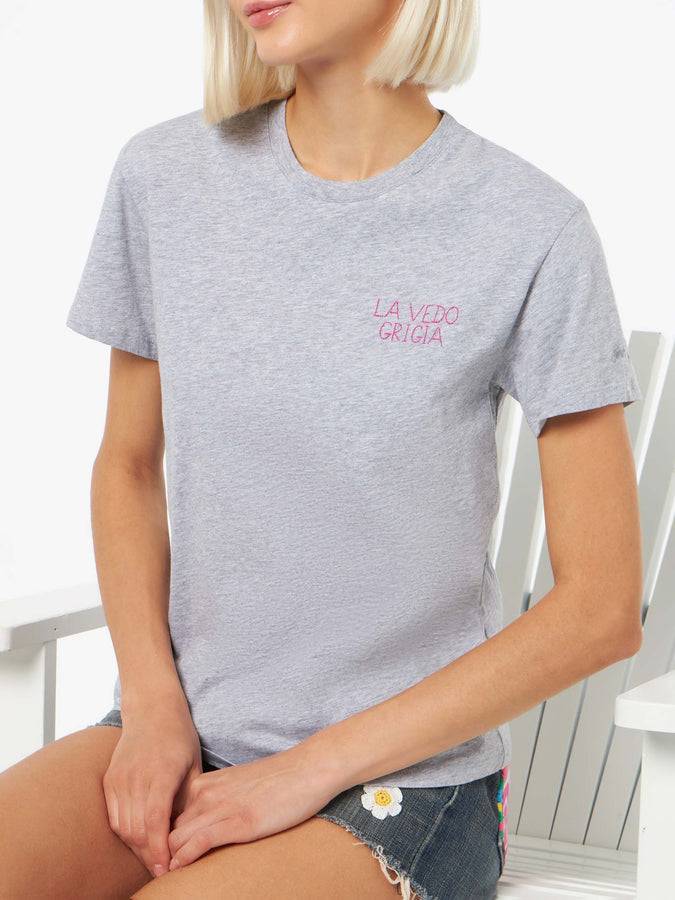 Mc2 Saint Barth T-shirt da donna girocollo Emilie in jersey di cotone con ricamo La Vedo Grigia In Vendita