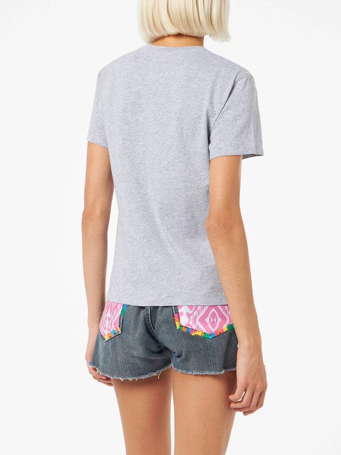 Mc2 Saint Barth T-shirt da donna girocollo Emilie in jersey di cotone con ricamo La Vedo Grigia In Vendita