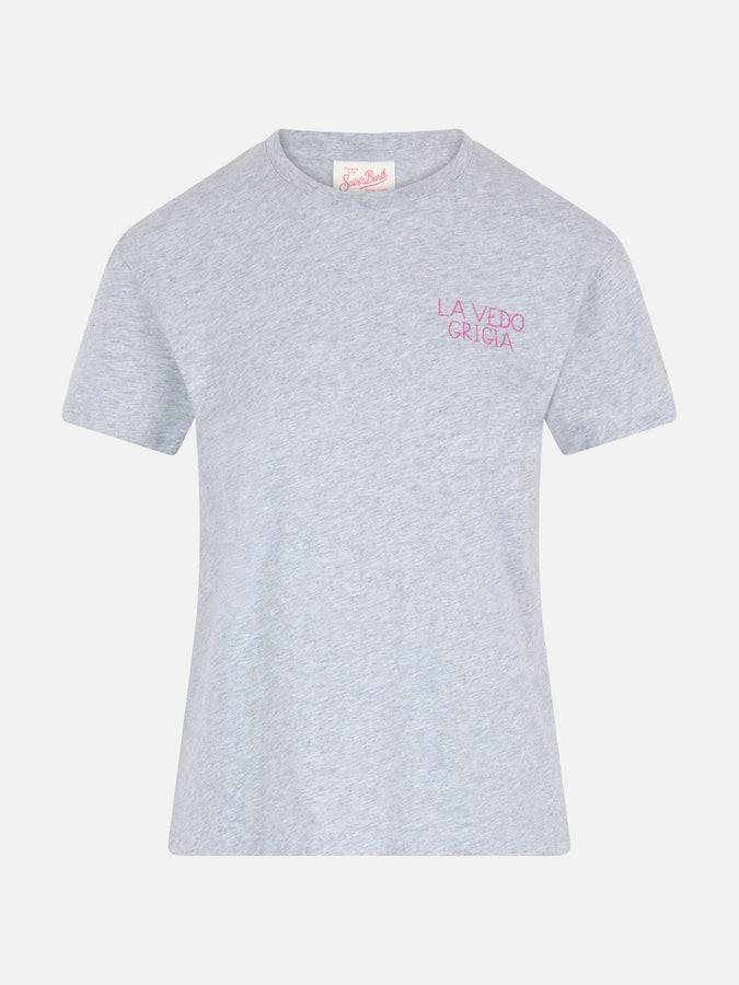 Mc2 Saint Barth T-shirt da donna girocollo Emilie in jersey di cotone con ricamo La Vedo Grigia In Vendita