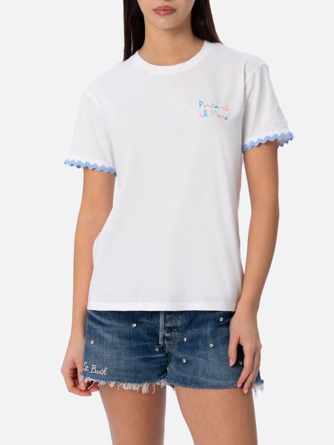 Mc2 Saint Barth T-shirt da donna girocollo Emilie in jersey di cotone con ricamo Portami al Mare Vendita Economica