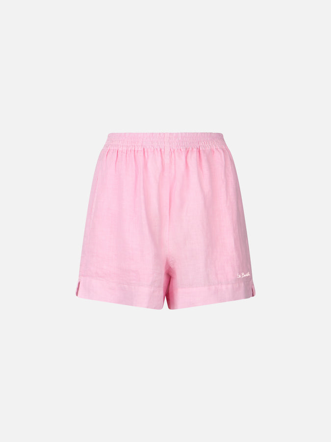 Mc2 Saint Barth Woman pink linen pull up shorts Vendita Calda