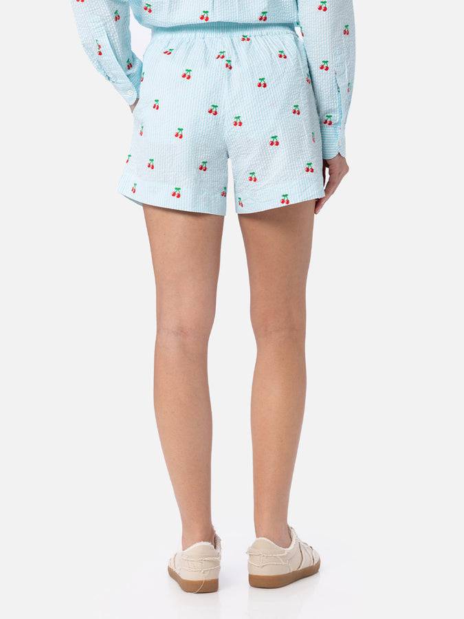 Mc2 Saint Barth Pantaloncini da donna pull up a righe seersucker Meave con toppe ciliegia Vendita