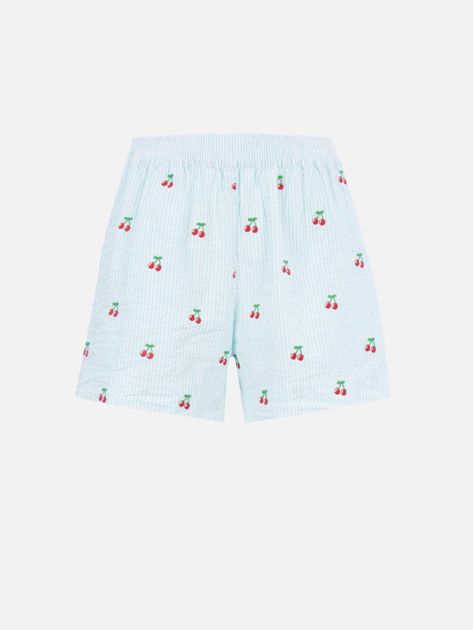 Mc2 Saint Barth Pantaloncini da donna pull up a righe seersucker Meave con toppe ciliegia Vendita