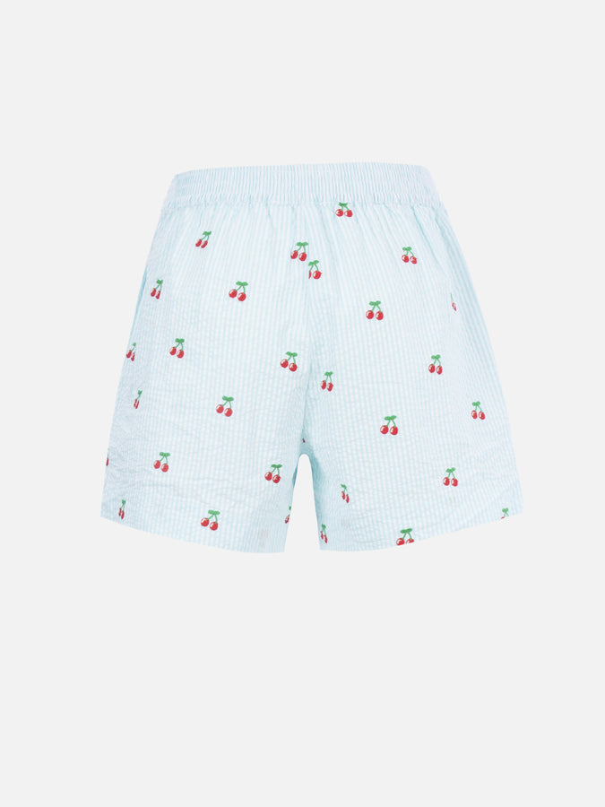 Mc2 Saint Barth Pantaloncini da donna pull up a righe seersucker Meave con toppe ciliegia Vendita