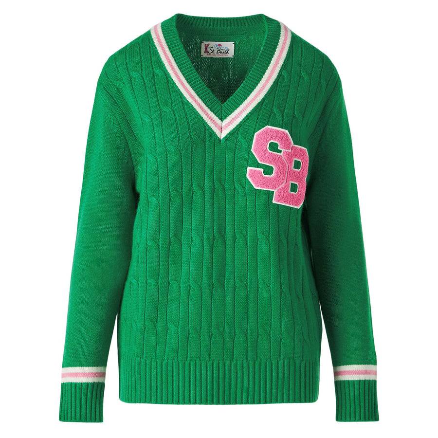 Mc2 Saint Barth Maglia da donna scollo a v intrecciata con patch Vendita Calda
