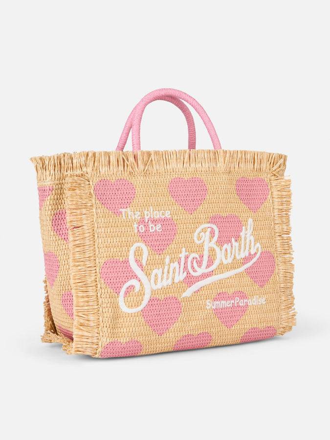 Mc2 Saint Barth Natural beige Colette Raffia handbag with hearts embroidery Vendita