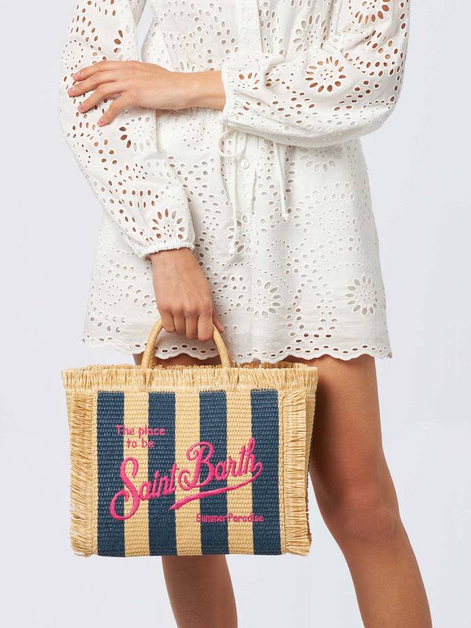 Mc2 Saint Barth Colette Straw handbag with navy blue striped print Spedizione Gratuita