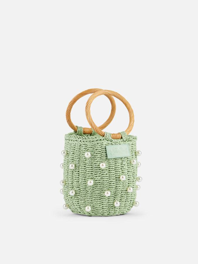 Mc2 Saint Barth Borsa a secchiello in rattan verde acqua con decorazione di perle Consegna Veloce