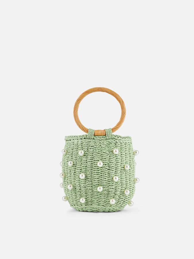Mc2 Saint Barth Borsa a secchiello in rattan verde acqua con decorazione di perle Consegna Veloce