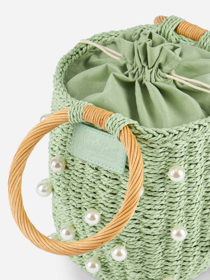 Mc2 Saint Barth Borsa a secchiello in rattan verde acqua con decorazione di perle Consegna Veloce