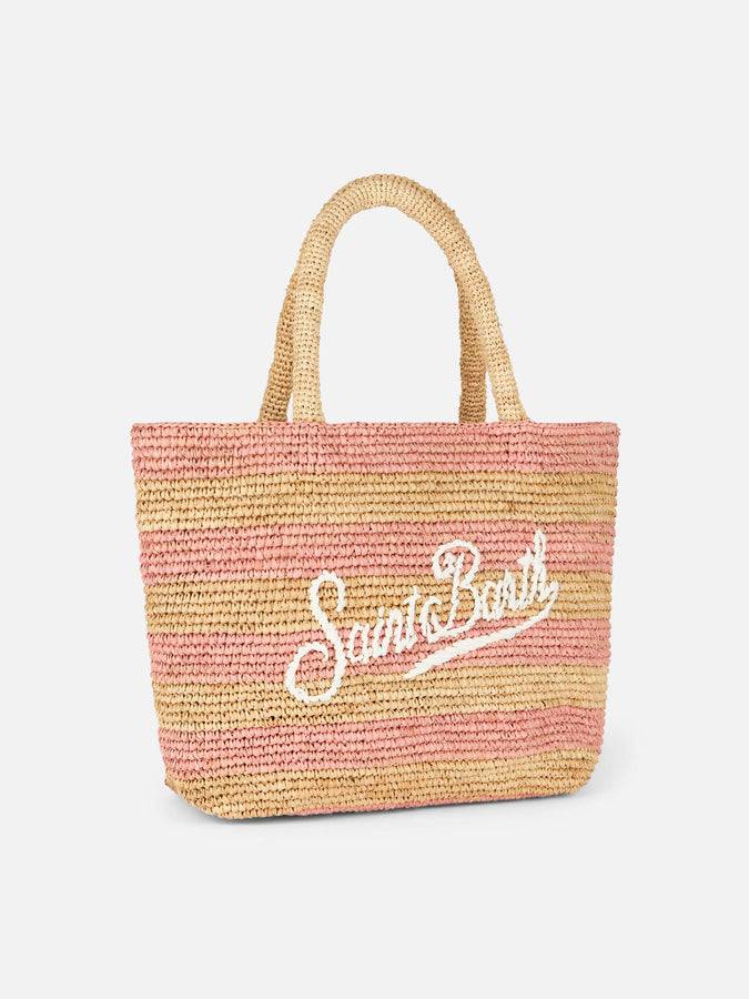 Mc2 Saint Barth Borsa midi Beach in rafia a righe rosa con pochette in cotone Hotsell