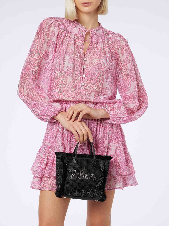 Mc2 Saint Barth Borsa Mini Vanity con frange e strass neri Vendita Calda