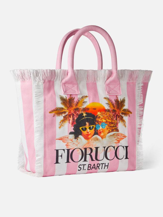Mc2 Saint Barth Borsa a spalla Vanity in canvas con stampa a righe bianche e rosa e angeli Fiorucci | FIORUCCI SPECIAL EDITION Offerta