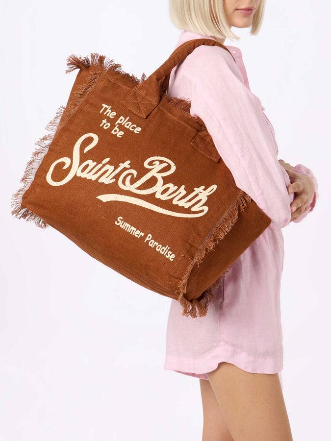 Mc2 Saint Barth Brown Vanity Linen tote bag with Saint Barth logo Online