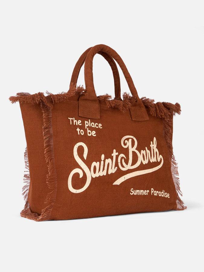 Mc2 Saint Barth Brown Vanity Linen tote bag with Saint Barth logo Online