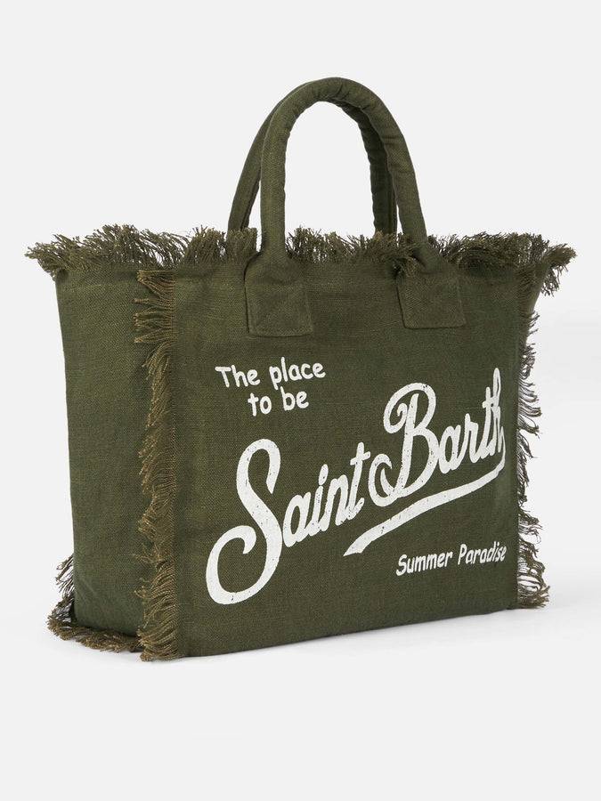 Mc2 Saint Barth Borsa tote Vanity Linen verde militare con ricami Hotsell