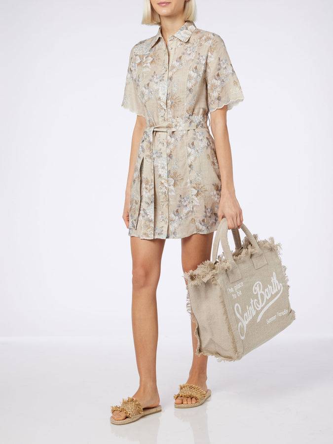 Mc2 Saint Barth Borsa tote Vanity in lino beige con ricamo Vendita Calda