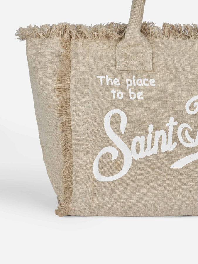 Mc2 Saint Barth Borsa tote Vanity in lino beige con ricamo Vendita Calda