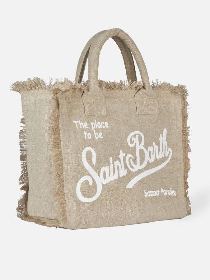 Mc2 Saint Barth Borsa tote Vanity in lino beige con ricamo Vendita Calda
