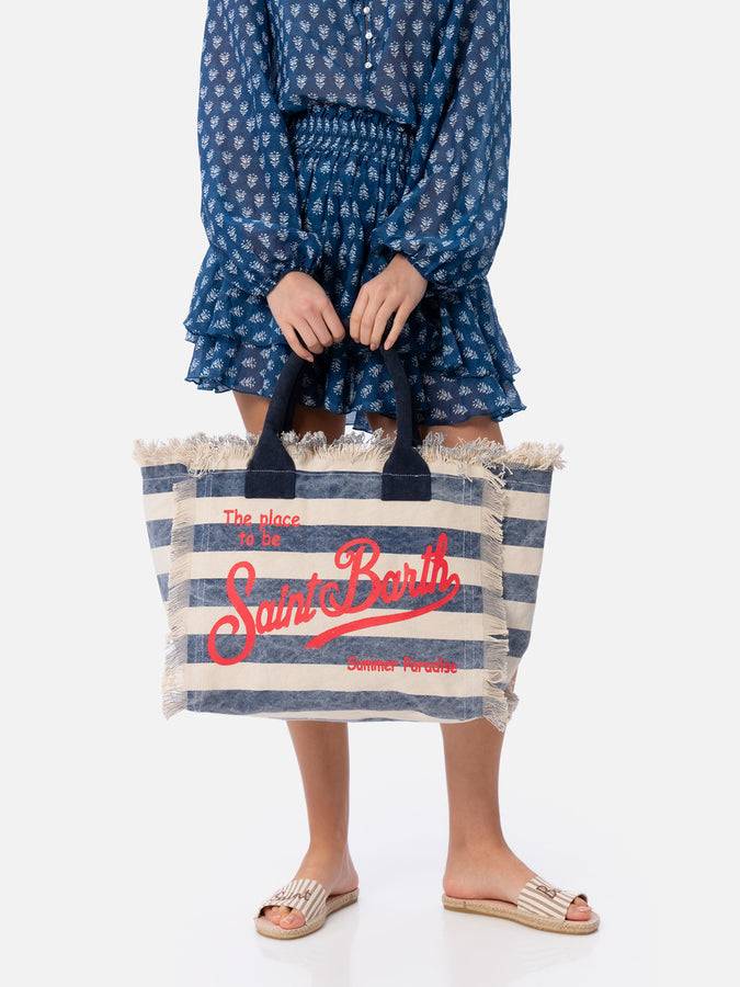 Mc2 Saint Barth Borsa tote Vanity in tela di cotone a righe blu Vendita Economica