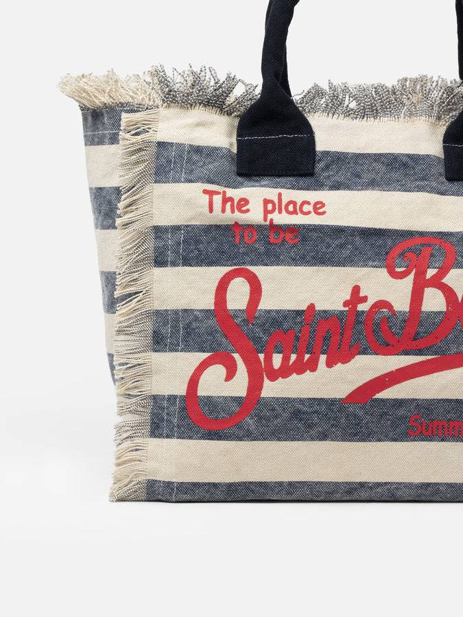 Mc2 Saint Barth Borsa tote Vanity in tela di cotone a righe blu Vendita Economica