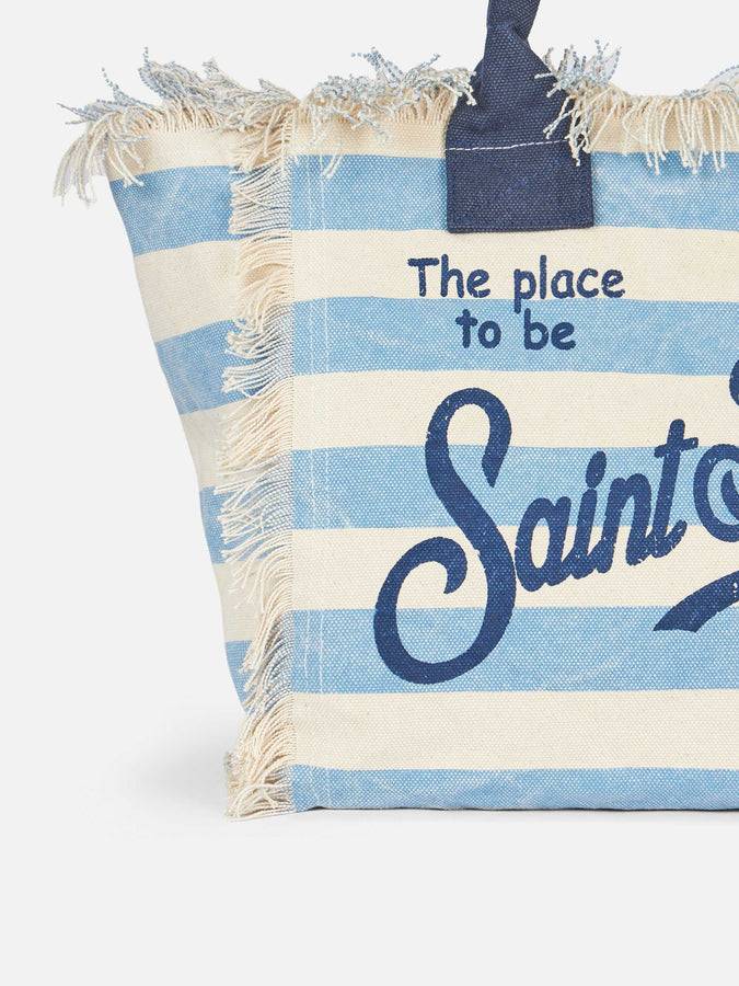 Mc2 Saint Barth Borsa tote Vanity in tela di cotone a righe azzurre Saldi Di Fabbrica