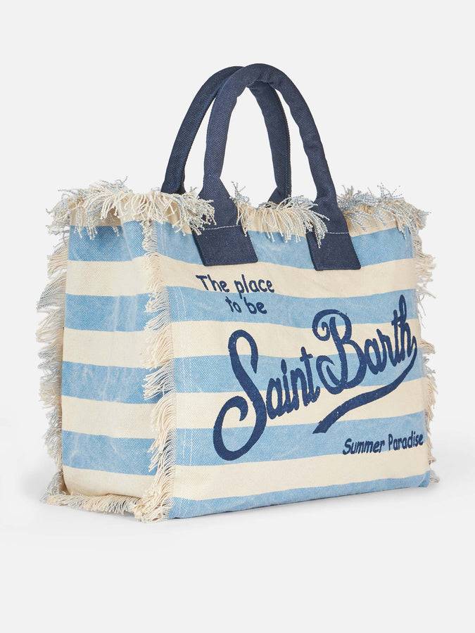 Mc2 Saint Barth Borsa tote Vanity in tela di cotone a righe azzurre Saldi Di Fabbrica