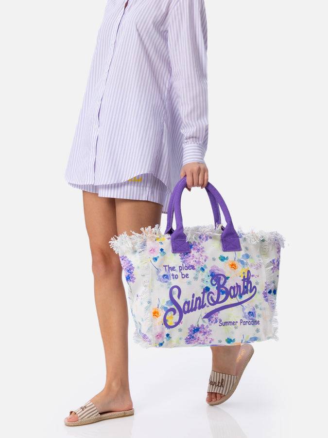 Mc2 Saint Barth Borsa tote Vanity in tela di cotone con fiori color acqua In Saldo
