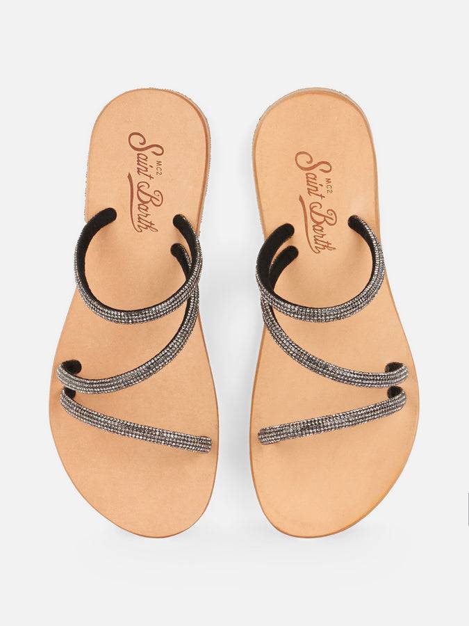 Mc2 Saint Barth Flat sandals Cora with black rhinestones Grande vendita