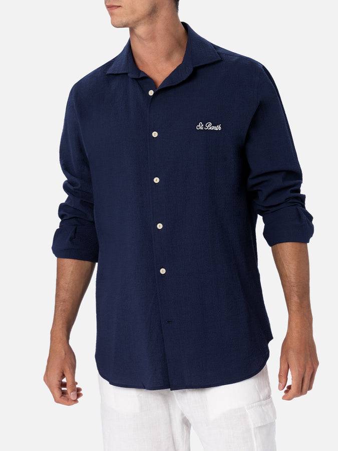 Mc2 Saint Barth Camicia da uomo in seersucker blu in cotone Pamplona Trasporto libero internazionale
