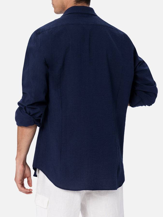 Mc2 Saint Barth Camicia da uomo in seersucker blu in cotone Pamplona Trasporto libero internazionale